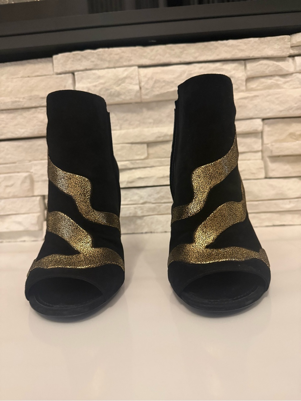 Louis Vuitton Black Suede Open-Toe Heeled Ankle Boots with Gold Wave Accents